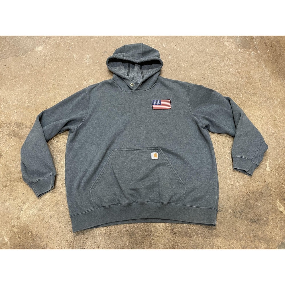 Carhartt Hoodie‎ Sweatshirt Mens 2XL Gray K121 Original Fit American Flag Patch